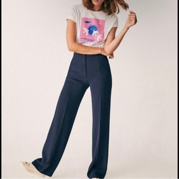 Sèzane US 4 Martin Trouser Pants in Navy High Waisted Wide Leg Chic Old Money - Picture 1 of 16